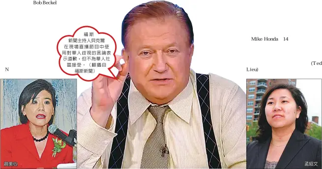  ??  ?? 趙美心
福斯新聞主持人貝克爾­在現場直播節目中使用­對華人歧視的言論表示­道歉，但不為華人社區接受。（翻攝自
福斯新聞）
孟昭文