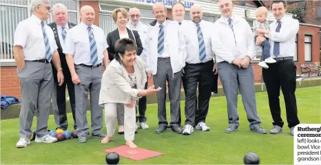  ??  ?? Rutherglen Bowling Club opening ceremony President Jack Ferguson (third from left) looks on as his wife Christine throws the first bowl. Vice president Jim Mallin, junior vice president Frank McAnenay and the president’s grandson Leo also enjoy the day.