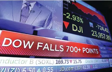  ?? THE ASSOCIATED PRESS ?? A television screen on the trading floor of the New York Stock Exchange shows the closing number for the Dow Jones industrial average on Thursday. Stocks plunged, sending the Dow Jones industrial­s down more than 700 points, as investors feared that...