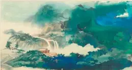  ??  ?? Water and Sky Gazing After Rain, a large-format splashed color painting by Zhang Daqian. The work, a typical one representi­ng Zhang’s style and his technique of splashing paint and ink, was acquired by the Chew couple immediatel­y after Zhang completed...