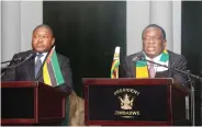  ?? ?? President Mnangagwa and President Nyusi jointly address the media after their meeting at State House in Harare yesterday