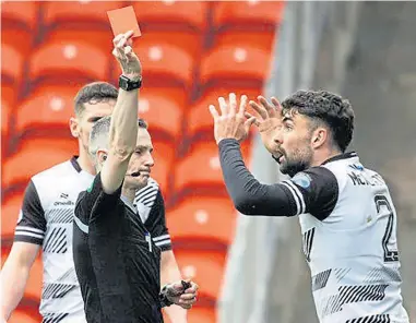  ?? ?? Ayr’s Nick McAllister is shown a red card.