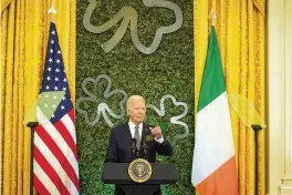  ?? STEPHANIE SCARBROUGH / AP ?? President Joe Biden delivers remarks Sunday during a St. Patrick’s Day brunch with Catholic leaders in the East Room of the White House. Biden and the Democratic Party now have $155 million on-hand for his re-election campaign.