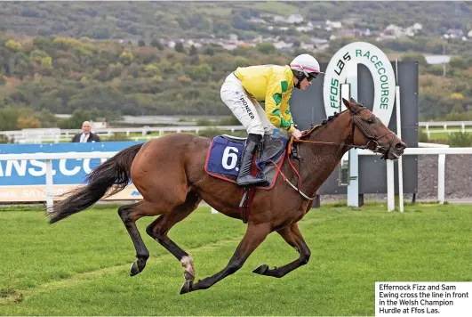  ?? ?? Effernock Fizz and Sam Ewing cross the line in front in the Welsh Champion Hurdle at Ffos Las.