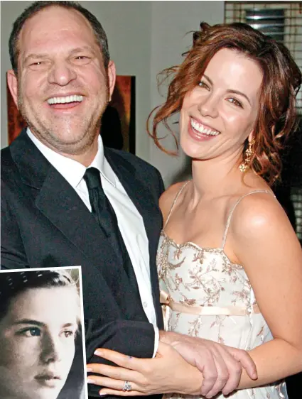  ??  ?? Predator and prey: Kate Beckinsale with Harvey Weinstein at a premiere in 2004 Inset: The picture of herself as a teenager which Kate posted alongside her Instagram revelation­s yesterday