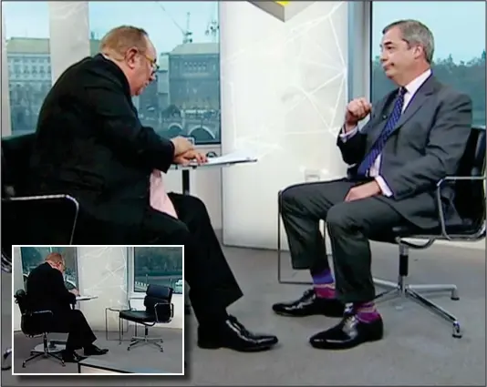  ??  ?? In the hot seat...Brexit Party leader Nigel Farage is grilled by Andrew Neil last night. Inset, Neil with an empty chair ready for Boris Johnson