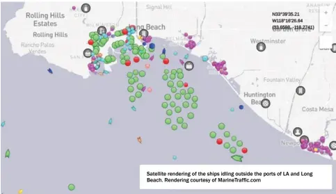  ?? ?? Satellite rendering of the ships idling outside the ports of LA and Long Beach. Rendering courtesy of MarineTraf­fic.com