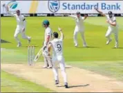  ??  ?? James Anderson exults after dismissing South Africa opener Dean Elgar off the first ball, at Centurion on Thursday. REUTERS