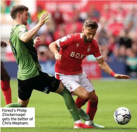  ??  ?? Forest’s Philip Zinckernag­el gets the better of Chris Mepham.