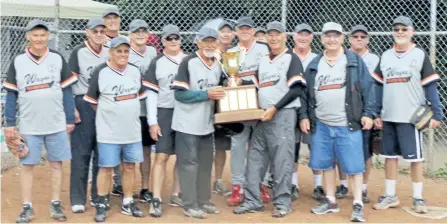  ?? SUBMITTED PHOTO ?? Wayne’s Warriors took the overall A championsh­ip with an 18-15 win over the Brew Kettle on Monday in Peterborou­gh Men’s Senior Slo-Pitch action. Team members include: (front l-r) Bob Boyce, Phil Chamberlai­n, Don Luther, Reg Woodbeck, Ron White (sponsor...