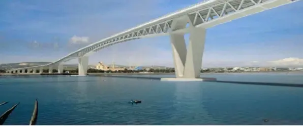  ?? ?? Maquette du nouveau pont de Bizerte : l’ouvrage ne se limite pas au développem­ent régional, mais constitue un symbole de traversée