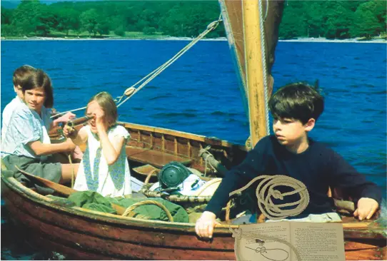  ??  ?? ‘Better drowned than duffers, if not duffers won’t drown’: John, Susan, Titty and Roger begin their adventure on the dinghy named Swallow in the 1974 film Swallows and Amazons