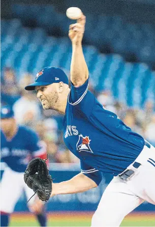  ?? CARLOS OSORIO/TORONTO STAR ?? Only two pitchers have managed four starts with nine or more strikeouts and zero walks this season. J.A. Happ is one of them after Sunday’s performanc­e, perhaps his last for Toronto.