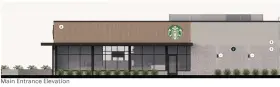  ?? SUBMITTED RENDERINGS ?? This is a preliminar­y rendering of the new Starbucks with drive-through planned in front of the former Toys R Us in Mentor.