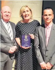  ??  ?? Honour Tommy Murphy, SOL director Donna Thompson and SOL manager Craig Irons