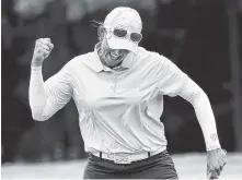  ?? THE ASSOCIATED PRESS ?? Katherine Kirk, of Australia, reacts after sinking the winning putt on the 18th hole during the Thornberry Creek LPGA Classic golf tournament in Hobart, Wis., on Sunday.