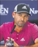  ?? Davethomps­on ?? The Associated Press Sergio Garcia of Spain listens to a reporter’s question during a news conference Monday ahead of Thursday’s first round of the British Open at Royal Birkdale in Southport, England. Garcia, who won his first Masters in April, is...