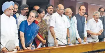  ?? ARVIND YADAV/HT ?? (From left) Former prime minister Manmohan Singh, Congress president Sonia Gandhi, DMK leader Kanimozhi, NCP’s Sharad Pawar, RJD supremo Lalu Prasad, senior Congress leader Ghulam Nabi Azad, CPI(M) leader Sitaram Yechury and BSP’s Satish Chandra Mishra...