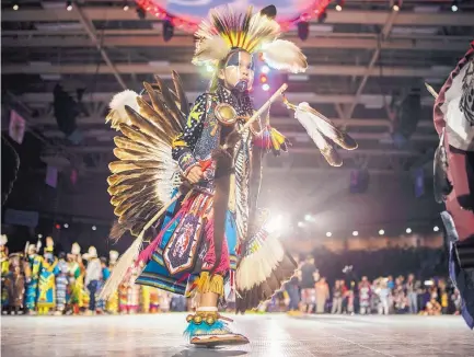  ?? ROBERTO E. ROSALES/JOURNAL ?? Adrian Jackson Gray, 11, of Chilchinbi­to, Ariz., prepares to dance on the main stage Saturday afternoon at the Gathering of Nations.