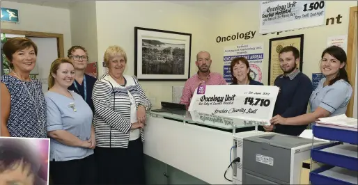  ??  ?? Sheila Kierans, nurse Gillian Duignan nurse Lisa Marry, Dolores Mc Keown, Niall Kierans and nurse Stephanie McCreesh with Anthony Geraghty presenting a cheque to Elizabeth Summersby clinical nurse at Our Lady of Lourdes Oncology unit, proceeds of...