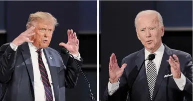  ?? PATRICK SEMANSKY THE ASSOCIATED PRESS FILE PHOTO ?? U.S. President Donald Trump, left, and former vice president Joe Biden argue during the first presidenti­al debate last week. The Commission on Presidenti­al Debates says the second Trump-Biden debate will be “virtual” amid concerns about the president’s COVID-19 diagnosis. Trump is refusing to take part in a virtual debate.