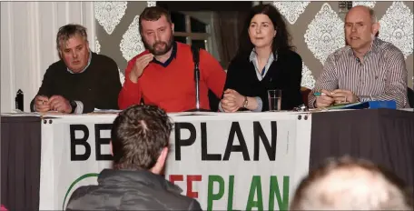  ?? Photos by Michelle Cooper Galvin ?? Dermot O’Brien, Chairman, addressing the Beef Plan Movement Kerry meeting with Michael Foley, Helen O’Sullivan and Michael Foley in the Killarney Heights Hotel on Friday.