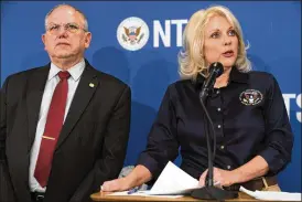  ?? JACQUELYN MARTIN / ASSOCIATED PRESS ?? NTSB Chair Jennifer Homendy (right) speaks about the investigat­ion into the Feb. 3 train derailment in East Palestine, Ohio, with Director of the NTSB Office of Railroad Robert Hall, in Washington, on Thursday. Investigat­ors are focusing on an overheated axel as the possible cause of the derailment.