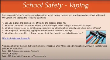  ?? IMAGE VIA PERKIOMEN VALLEY SCHOOL DISTRICT ?? During the April 2Perkiomen Valley School Board meeting, discussion of vaping in the bathrooms and how to stop it was held.