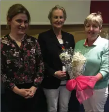  ??  ?? Susan Corcoran, who won the Gross prize in last week’s Ardee GC ladies singles competitio­n, is congratula­ted by Lady Captain Mrs Maureen Duffy and sponsor Olivia Coyle of the Range Restaurant.