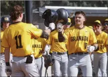  ?? SHAE HAMMOND – STAFF PHOTOGRAPH­ER ?? Granada's Riley Winchell, right, celebrates after hitting a two-run homer against Amador Valley on Friday afternoon. Granada won 8-2.