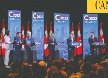  ?? JEFF MCINTOSH / THE CANADIAN PRESS ?? Conservati­ve leadership candidates, from left, Leslyn Lewis, Roman Baber, Jean Charest, Scott Aitchison, Patrick Brown and Pierre Poilievre are grilled at the party's English leadership debate in Edmonton on Wednesday.