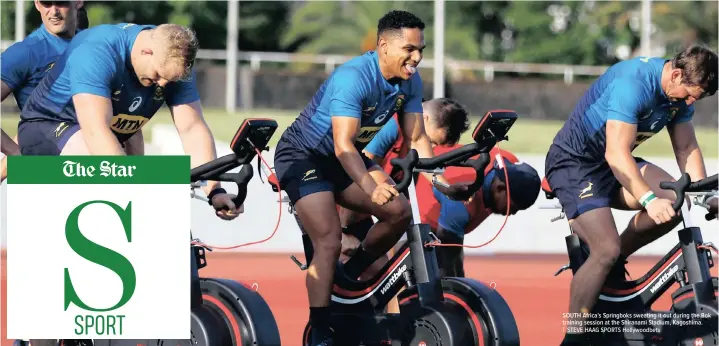  ?? | STEVE HAAG SPORTS Hollywoodb­ets ?? SOUTH Africa’s Springboks sweating it out during the Bok training session at the Shiranami Stadium, Kagoshima.