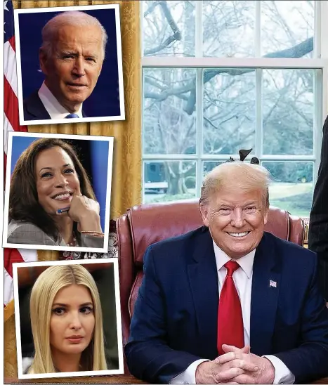  ?? ?? WHERE WE BELONG: Miller, right, says Mr Trump can beat Mr Biden, top left, or Kamala Harris, centre