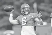  ??  ?? Browns quarterbac­k Baker Mayfield, seen during a training camp practice Aug. 2, will make his NFL exhibition debut on Thursday night. KEN BLAZE/AP