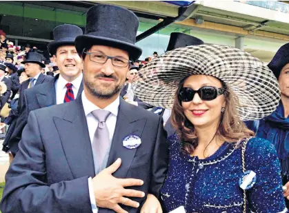  ??  ?? Mark Acklom and his wife Maria Yolanda Ros Rodriguez in the Royal Enclosure at Ascot races, left. He allegedly conned Carolyn Woods, above, out of her £850,000 life savings