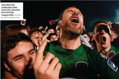  ?? STEPHEN MCCARTHY/SPORTSFILE ?? Alan Bennett celebrates after Cork City clinched the Airtricity League title
