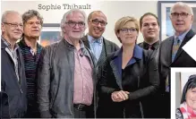  ??  ?? La charmante Sophie Thibault, porte-parole officielle du MPP, entourée de Maurice Landry, Michel Doyon, Yvon Garneau, Jonathan-Hugues Potvin, Frederik Lafontaine et Jocelyn Gagné.