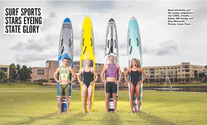  ?? ?? Bond University surf life saving competitor­s Joe Collins, Claudia Bailey, Will Savage and Bree Mccowatt. Picture: Cavan Flynn