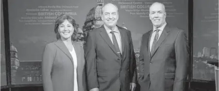  ??  ?? B.C. Liberal Leader Christy Clark, Green Party Leader Andrew Weaver, and NDP Leader John Horgan, meet before the leaders debate on Wednesday night in Vancouver.