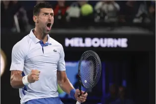  ?? ASANKA BRENDON RATNAYAKE — THE ASSOCIATED PRESS ?? Novak Djokovic of Serbia reacts during his fourth round match against Adrian Mannarino of France at the Australian Open tennis championsh­ips at Melbourne Park, Melbourne, Australia on Sunday.