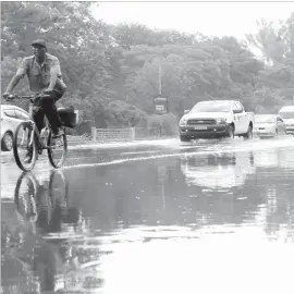  ??  ?? Bulawayo on Tuesday experience­d flash floods due to a poor drainage system. The picture shows a cyclist and motorists negotiatin­g their way on a flooded Twelfth Avenue (Picture by Eliah Saushoma)