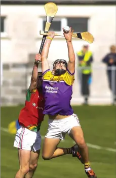  ??  ?? Jason Gordon of Faythe Harriers makes one of his spectacula­r catches during Saturday’s epic Minor final in New Ross.