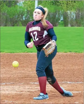  ?? KYLE MENNIG — ONEIDA DAILY DISPATCH ?? Canastota’s Rhilea Chabot (12) delivers a pitch to a Central Valley Academy batter during their game in Canastota on Tuesday.