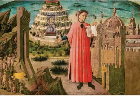  ?? Foto: akg-images Gmbh/epd ?? Das Gemälde „Dante und die drei Jenseitsre­iche“(1465) von Domenico di Michelino aus dem Dom zu Florenz: Der Dichter Dante Alighieri starb am 14. September vor 700 Jahren, doch nicht in seiner Heimatstad­t.