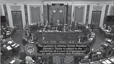  ?? SENATE TELEVISION VIA AP ?? In this image from video, the vote total on the question of the constituti­onality of the impeachmen­t trial against former President Donald Trump is displayed in the Senate on Tuesday.