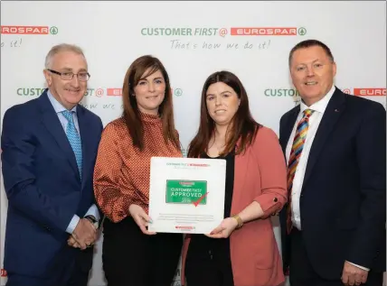  ??  ?? Leo Crawford, Group Chief Executive of the BWG Group, Paula Farrell and Bridget Wybrant from Quinn’s Eurospar in Baltinglas­s and Malachy Hanberry, Managing Director of Eurospar at the Customer First @ Eurospar Awards at the Aviva Stadium.
