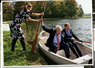  ??  ?? Oarsome? Boris Johnson with his counterpar­t from the Czech Republic Ivo Sramek – fortunatel­y his wife Marina was there to pass him the oars