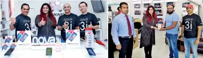  ??  ?? Celebrity guest artiste Raini Charuka with Singer Sri Lanka PLC and Huawei management Guest artiste Raini Charuka hands over a new Huawei nova3 series smartphone to one of the first customers