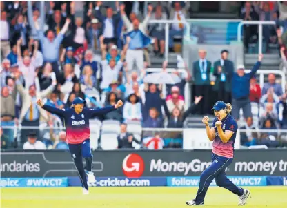  ??  ?? Sarah Taylor, below, and Natalie Sciver, far right, celebrate England’s dramatic World Cup win