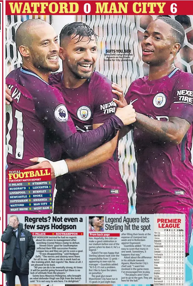  ??  ?? RIPE CHERRIES: Forwards Defoe & Ibe SUITS YOU, SER Silva (left) congratula­tes Aguero on his titanic treble for City yesterday